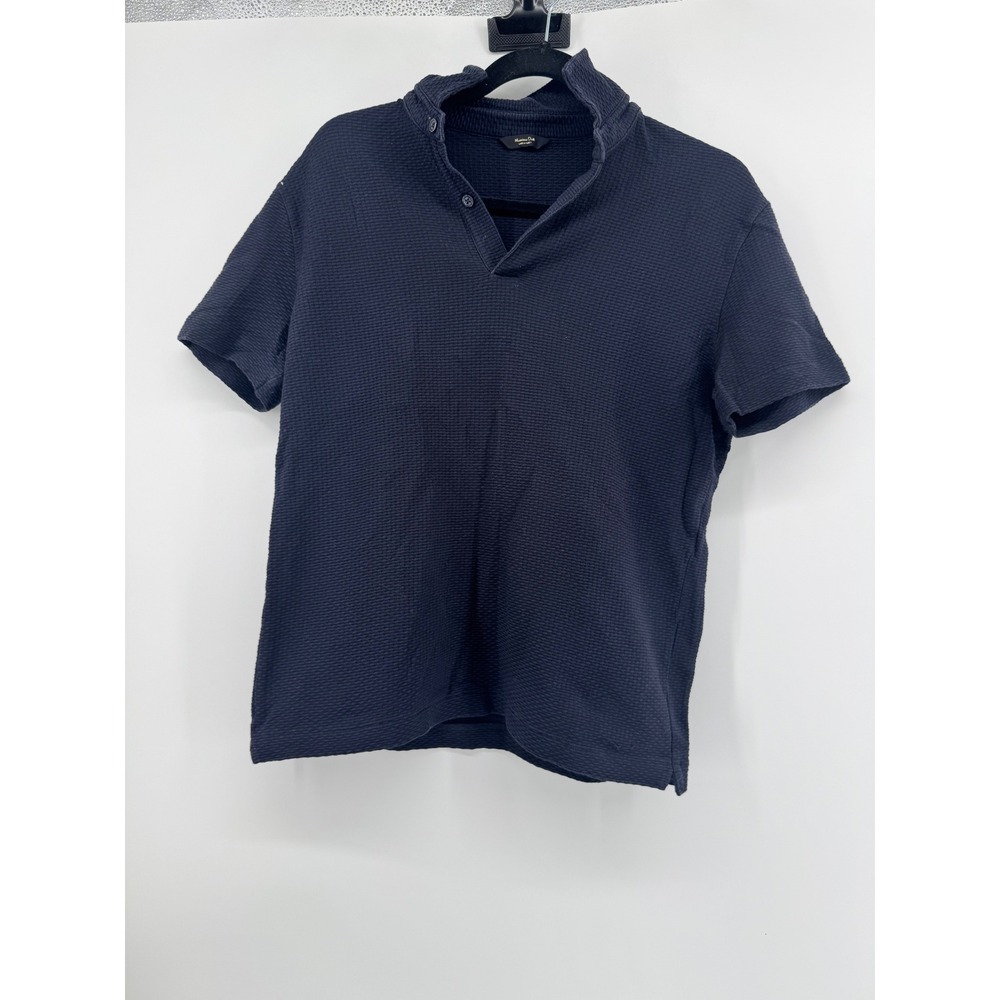 Massimo Dutti Mens Navy Blue Textured Waffle Knit Short Sleeve Polo Shirt